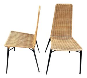 Stitched Leather and Rattan Chairs from Jacques Adnet, 1950s, Set of 2