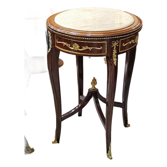 Ivory Grandeur – Louis XV-Inspired Side Table With White Marble Top & Ornately Carved Wood Frame For Sale