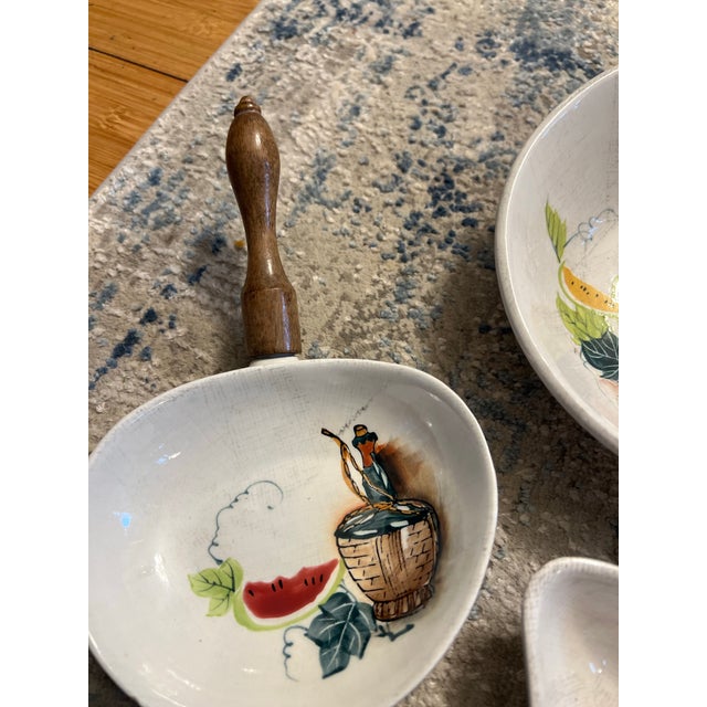 Wood Porcelain Skillet, Dipping Dish, Vintage Appetizer Set With Wooden Handles- Set of 6 For Sale - Image 7 of 9