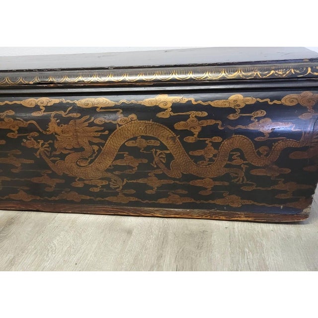 Black 19th C Chinese Lacquered Gold Dragon Scroll Box, 4 Feet Long For Sale - Image 8 of 15