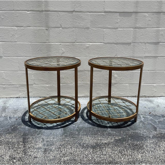 Metal Vintage MCM Beaded Lattice Brass Tone Two Tier Side Tables - Pair For Sale - Image 7 of 9