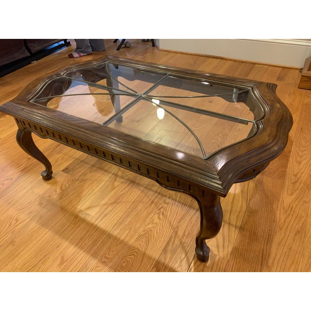 1980s Drexel Heritage Grand Villa Pecan Leaded Glass Coffee Table For Sale - Image 11 of 13