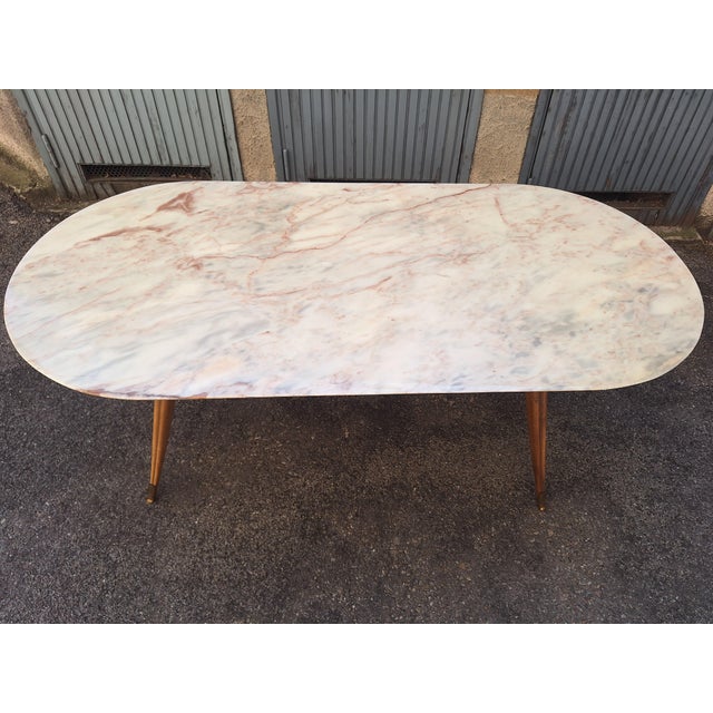 Dining Table with Wooden Base, Brass Finishes and Marble Top, 1950s For Sale - Image 4 of 6