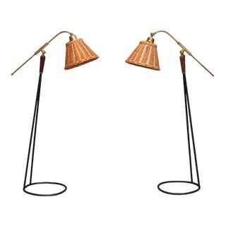 Floor Lamps in Brass, Rattan and Metal from Falkenbergs Belysning, Sweden, 1950s, Set of 2 For Sale