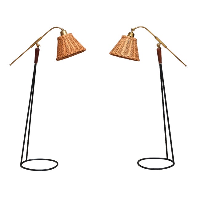 Floor Lamps in Brass, Rattan and Metal from Falkenbergs Belysning, Sweden, 1950s, Set of 2 For Sale