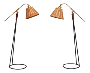 Floor Lamps in Brass, Rattan and Metal from Falkenbergs Belysning, Sweden, 1950s, Set of 2