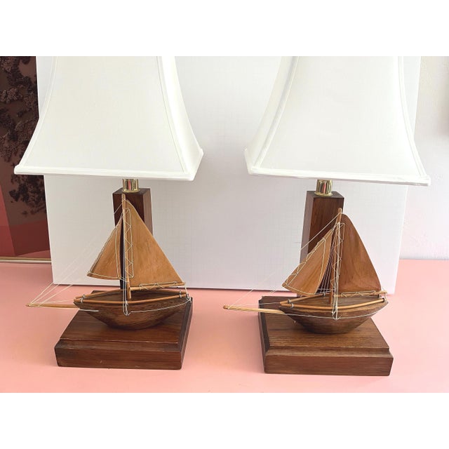 Mid-Century Modern 1960s Wood Sailboat Lamps, Pair For Sale - Image 3 of 18