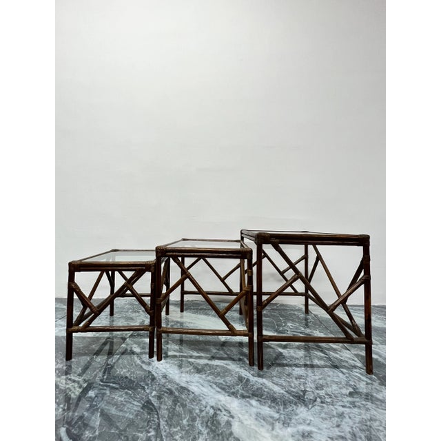 Mid-Century Rattan and Glass Top Nesting Tables - Set of Three For Sale - Image 10 of 12