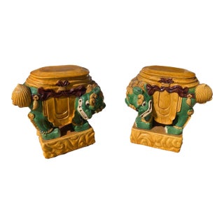 Qing Dynasty Foo Dog Yellow and Green Glazed Terra Cotta Garden Seats in Spinach- A Pair For Sale
