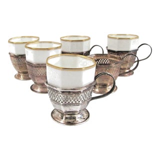 Antique Sterling Silver Octagon Reticulated Demitasse Holders and Rosenthal Cups- Set of 6 For Sale