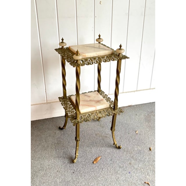 Victorian Victorian Marble & Brass 2-Tier Adjustable Plant Stand For Sale - Image 3 of 5