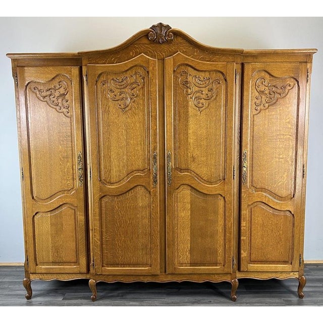 Vintage French Louis XVI Style Carved Oak 4-Door Wardrobe For Sale - Image 10 of 10