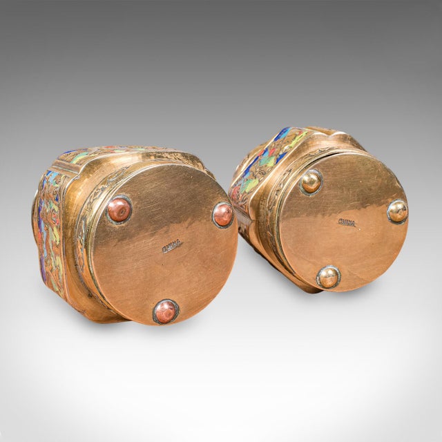 Pair of Small Antique Champleve Tea Caddies, Oriental Spice Pot, Edwardian, 1910 For Sale - Image 12 of 12
