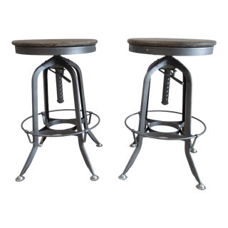 Final MARKDOWN-Restoration Hardware "Toledo" Style Industrial Wood and Metal Counter Stools - a Pair For Sale