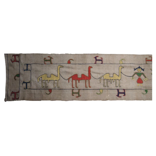 Large antique Oriental cross stitch Bayeux style textile / tent decoration or tapestry featuring primitive figures /...