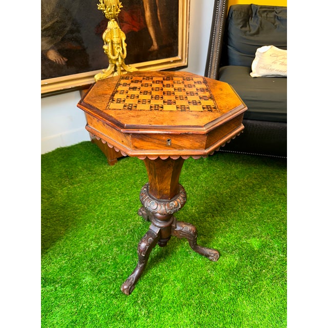 English Victorian Octagonal Game Table With Inlaid Chess/Checker Board