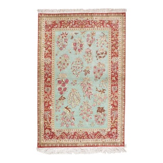 Late 20th Century Rare Finely Woven Persian Silk Qum, Handmade Oriental Rug, Sky Blue and Red For Sale