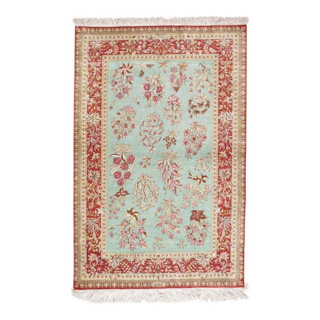 Late 20th Century Rare Finely Woven Persian Silk Qum, Handmade Oriental Rug, Sky Blue and Red For Sale