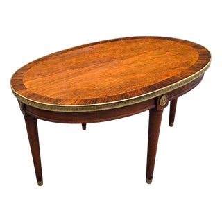 Vintage French Louis XVI Style Mixed Wood W/Brass Trim Oval Coffee Table For Sale