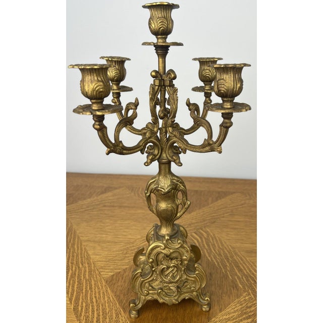 Vintage French Brass Ornate Candleholders, Set of 2 For Sale - Image 4 of 12