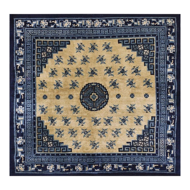 1920s Beige Medallion Floral Classical Greek Antique Chinese Baotou Square Rug For Sale