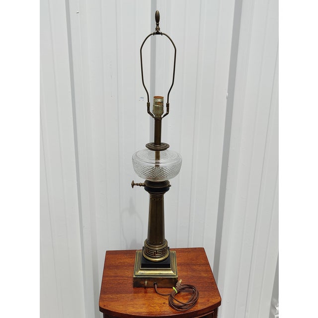 Metal Vintage Stiffel Style Brass & Glass Oil-Lamp Style Table Lamp For Sale - Image 7 of 8