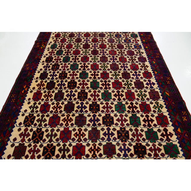 Beige Vintage Bidjar Handmade Multicolor Geometric Wool Rug For Sale - Image 8 of 8