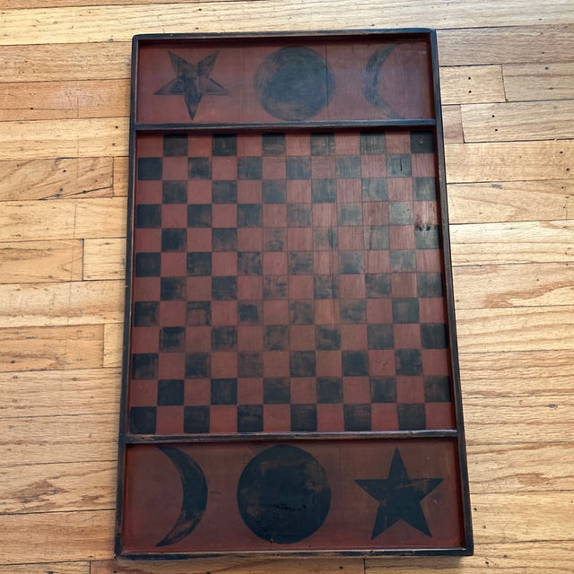 American Primitive Folk Art Graphic & Celestial Game Board 24”Lx14.75”Wx1.25”H with Moon & Stars is signed by Maloney...