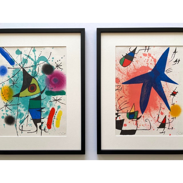This set of two Joan Miro very rare vintage 1972 Mid Century Modernist custom framed " Le Chanteur " and " L'Etoile Bleu "...