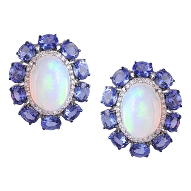 Set in 18k White Gold, Ethiopian Opal, Tanzanite & Diamonds Modern Stud Earrings, Pair For Sale
