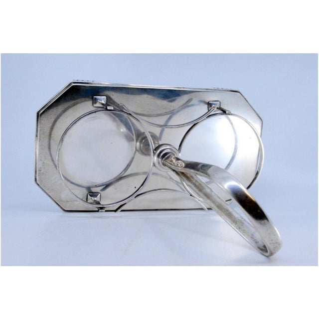 Modern Modernist Style Silver and Cut Glass Cruet Set with Raised Feet, Set of 3 For Sale - Image 3 of 11