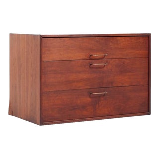 Jens Risom Mid Century Walnut and Brass Wall Mounted Cabinet Chest of Drawers For Sale