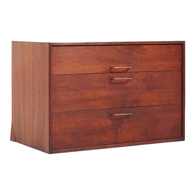 Jens Risom Mid Century Walnut and Brass Wall Mounted Cabinet Chest of Drawers For Sale