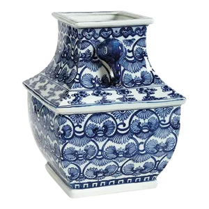 Chinoiserie Ballard Designs Blue and White Porcelain Elephant Square Vase Jar