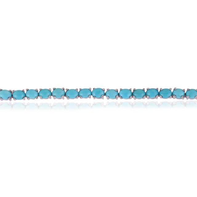 Metal Handcrafted Vibrant Oval Cut 7.28 Ct Blue Turquoise Tennis Bracelet - December Birthstone Gift For Sale - Image 7 of 12