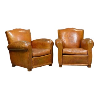 20th Century Vintage French Art Deco Cognac Leather Mustache Club Chairs - a Pair For Sale