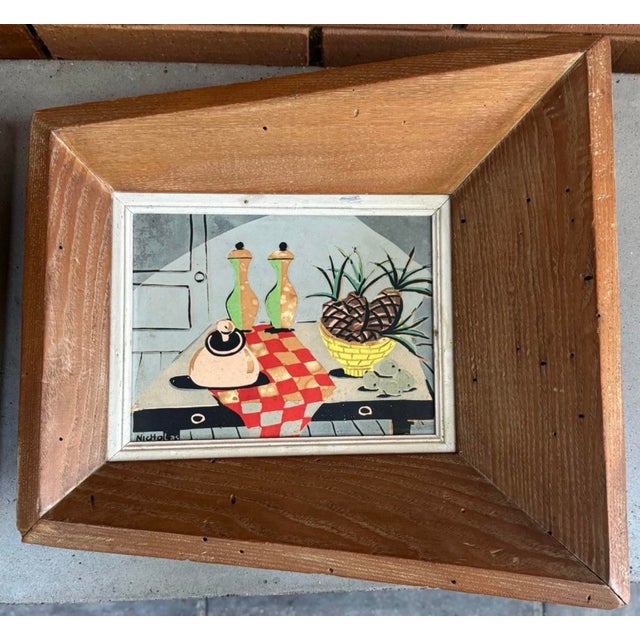 Vintage Mid Century Modern 1950s Paintings Forced W/ Perspective in Wood Frames, Signed - Set of 2 For Sale - Image 4 of 10