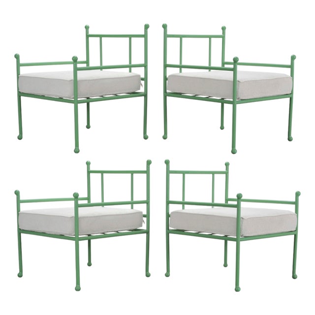 Set of Four French Mid-Century Iron Garden Lounge Dining Armchairs For Sale