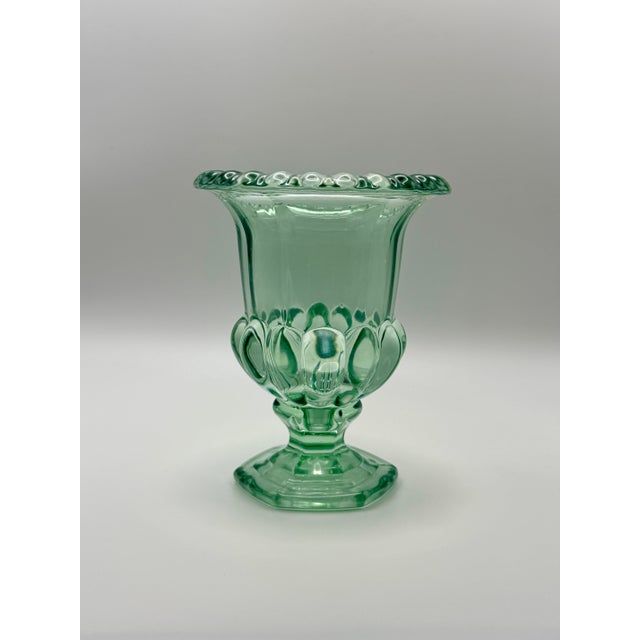 Pair of Vintage Sage Green Pressed Glass Pedestal Urn Vases For Sale - Image 4 of 5