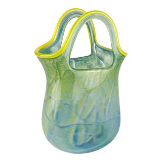 Vintage Tall Murano Style Glass Purse Handbag Vase Spring Green Blue Art Swirl For Sale