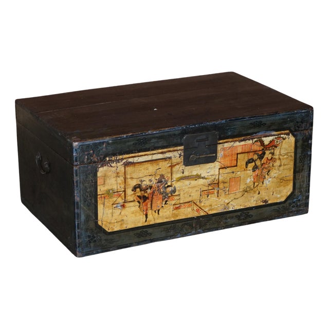 Vintage Hand-Painted Trunk or Chest with Immortals and Buildings Decor For Sale