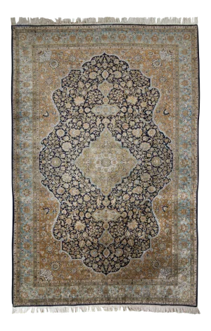 Hand-Knotted Vintage Persian Qum Rug in Beige-Brown Floral Medallion Pattern