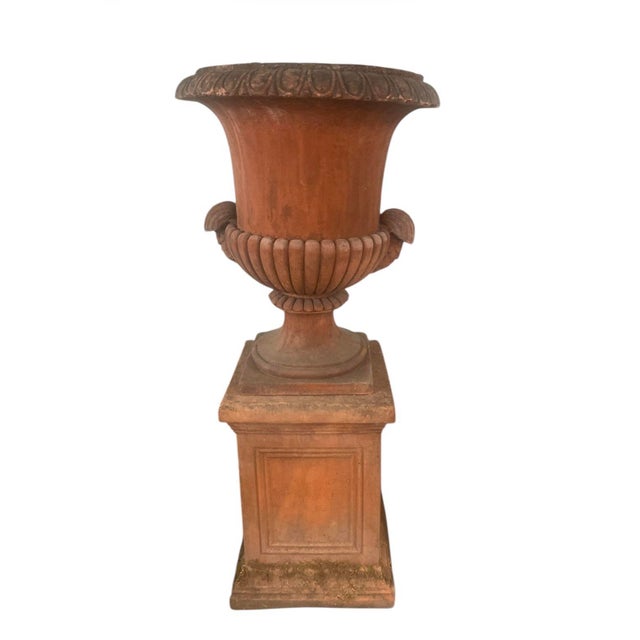 Italian Vintage Italian Terracotta Garden Urn on Pedestal For Sale - Image 3 of 12