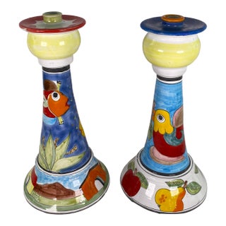 Pair Italian Hand-Painted Ceramic Candlesticks by Nino Parrucca, Whimsical For Sale