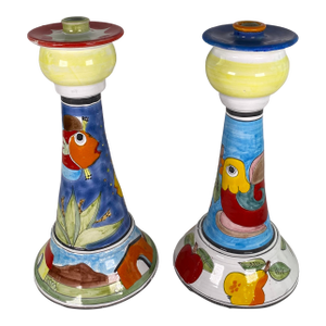 Pair Italian Hand-Painted Ceramic Candlesticks by Nino Parrucca, Whimsical
