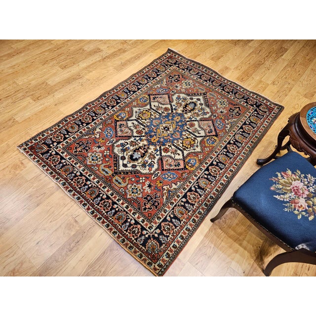 Vintage Persian Tabriz Area Rug, Hand-Knotted Wool, Heriz Geometric Pattern, Ivory & Red, 5x6 For Sale In Chicago - Image 6 of 18