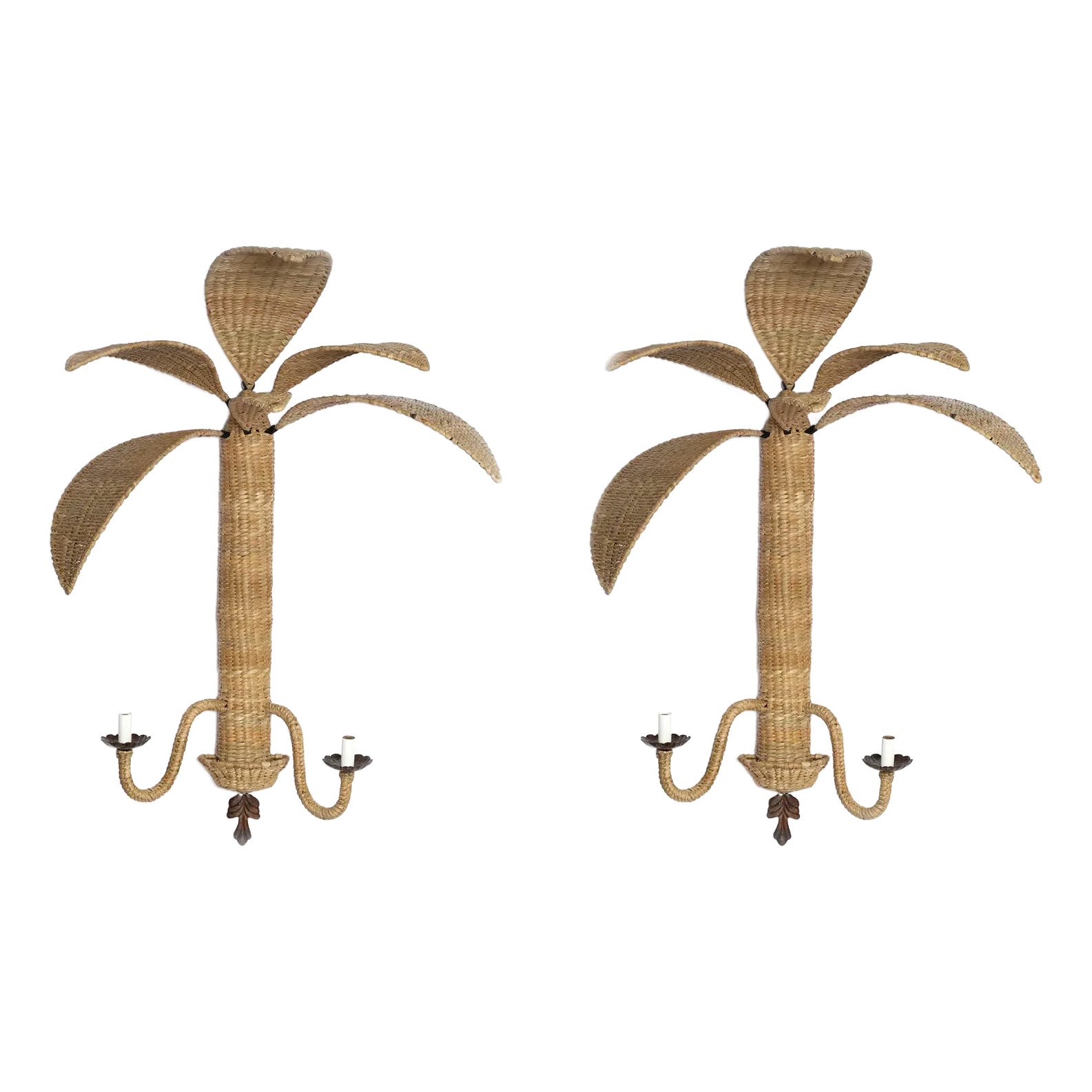 Pair of Woven Reed Palm Tree Wall Sconces From the Fs Flores Collection ...