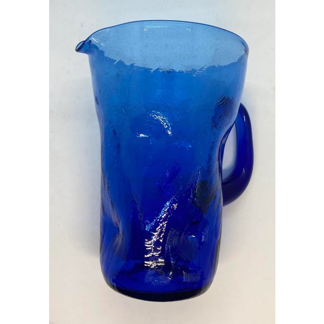 Blue Mid-Century West Virginia Bischoff Glass Company Cobalt Blue Crackle Glass Pitcher For Sale - Image 8 of 12