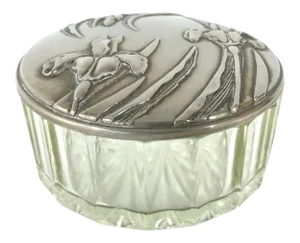 Antique Art Deco Silver Iris and Glass Ladies Powder Vanity Container / Lidded Dresser Box, Liberty of London