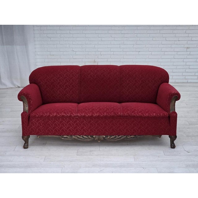 1950s, Danish 3-seater sofa. Original red and light grey furniture wool, carved oak wood, brass springs in the seat....